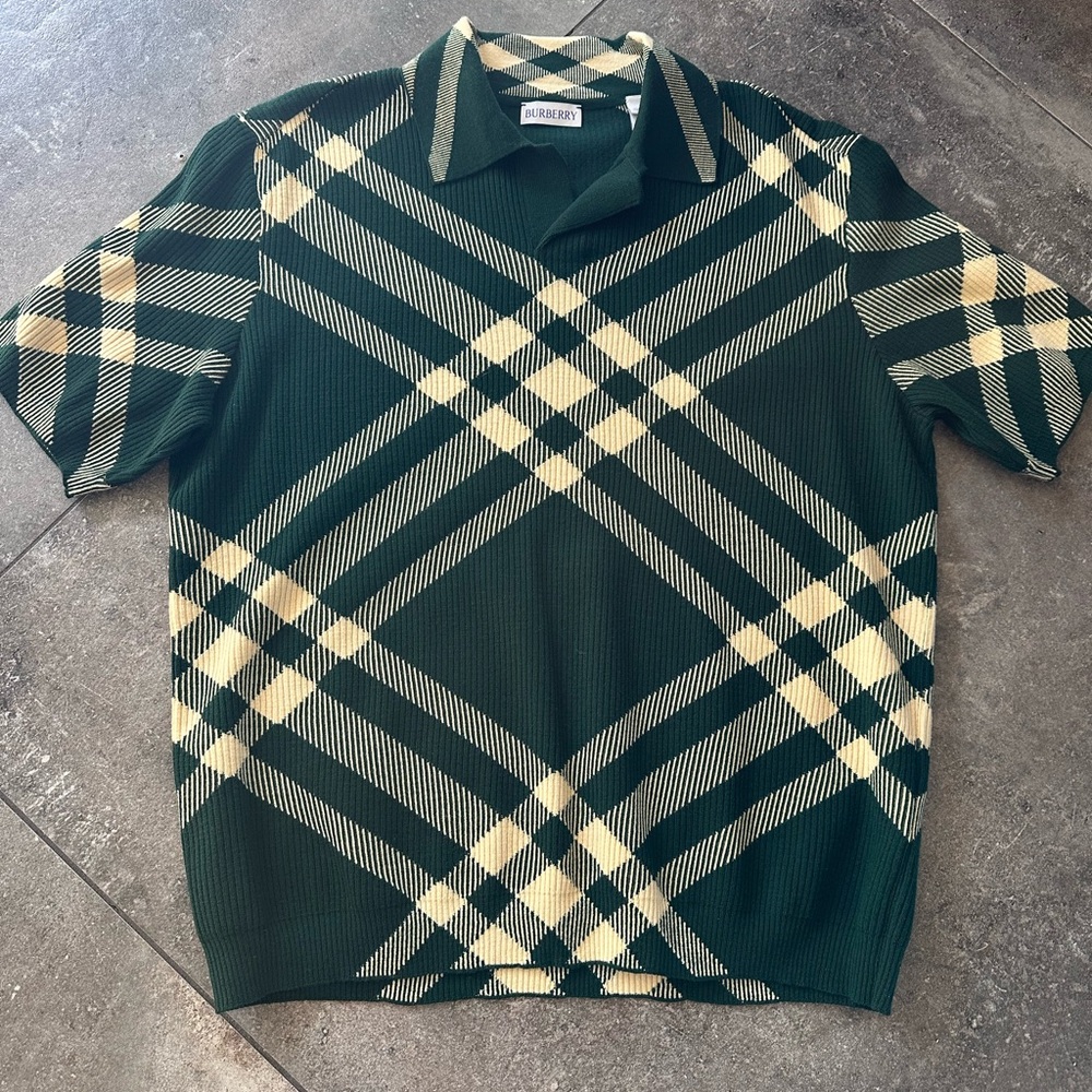 Burberry Women’s Knit Polo Sweater Green & Beige Plaid – Size M – Made in Italy